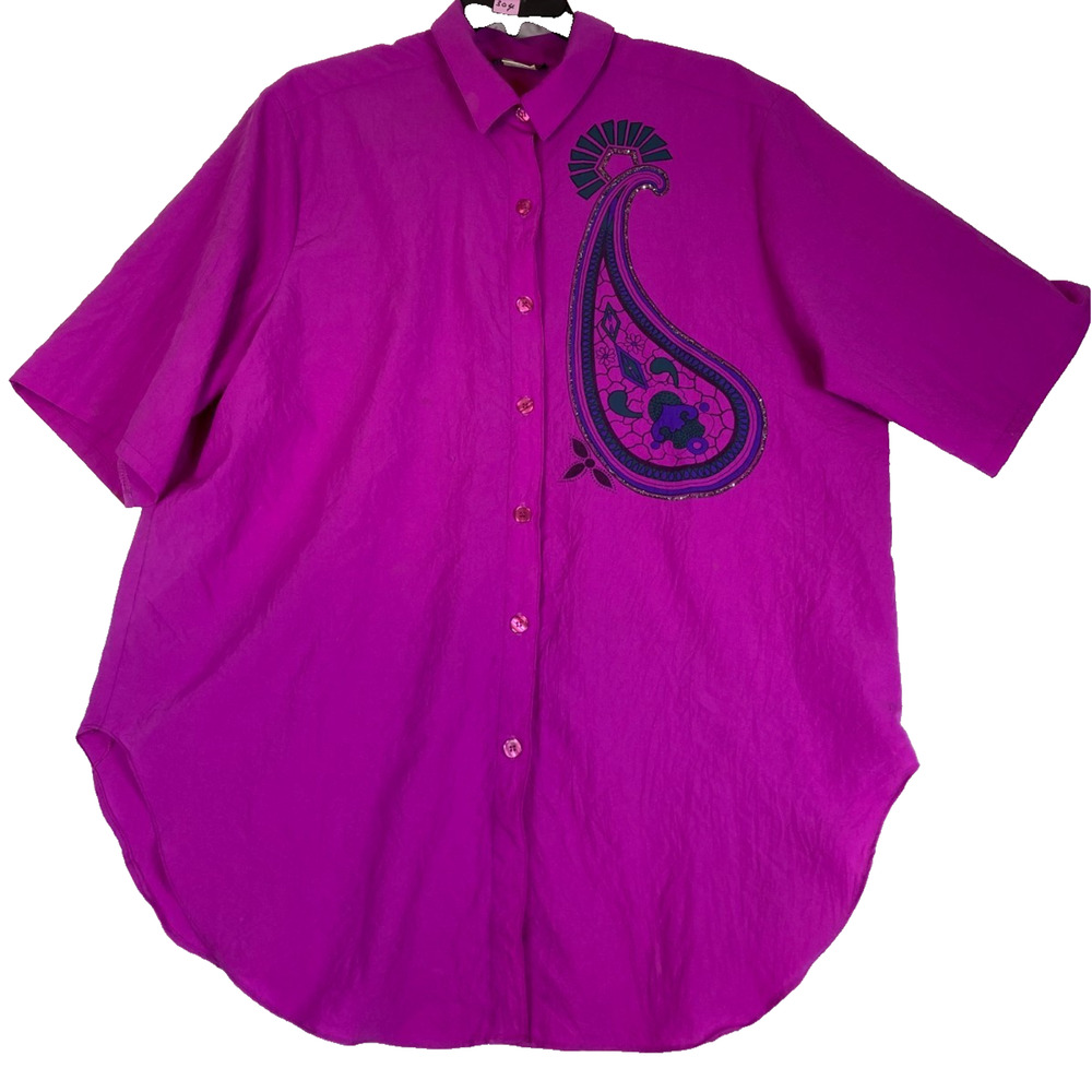 VINTAGE Thomas O Sport Top Button Up Embroidered Shirt Womens 22W Fuchsia  BOHO